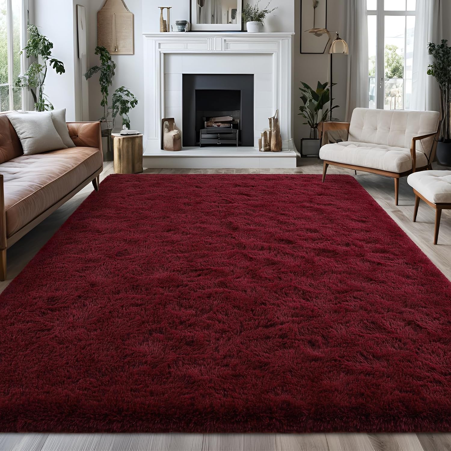 Alfombras peludas de color rojo burdeos para dormitorio, 4 x 6 pies, alfombra de área de color rojo oscuro para sala de estar, alfombra de suelo suave y lanuda para dormitorio de niños y niñas,