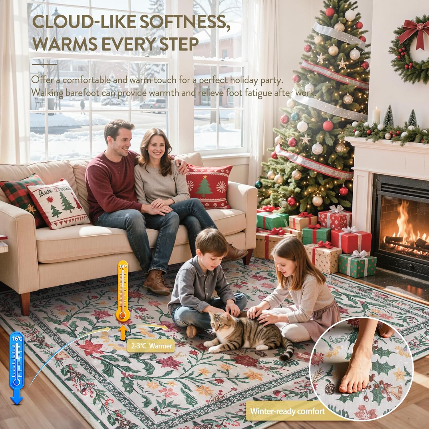 Wonnitar Tapete redondo y lavable de 5 pies, para Navidad, para dormitorio y habitación niños, con estampado de flores de Pascua, bohemio, para comedor, sala o debajo del árbol de Navidad, decorativo