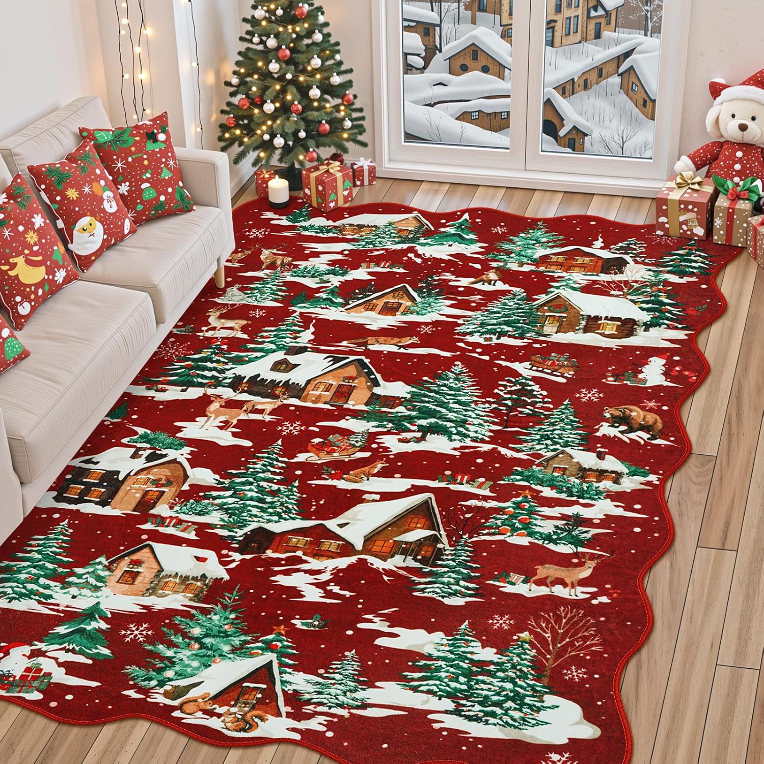 LIVEBOX Alfombra de Navidad lavable de 5 x 7 pies, alfombra roja para sala de estar, alfombras de árbol de Navidad para dormitorio, alfombra festoneada antideslizante bohemia para comedor, alfombra de