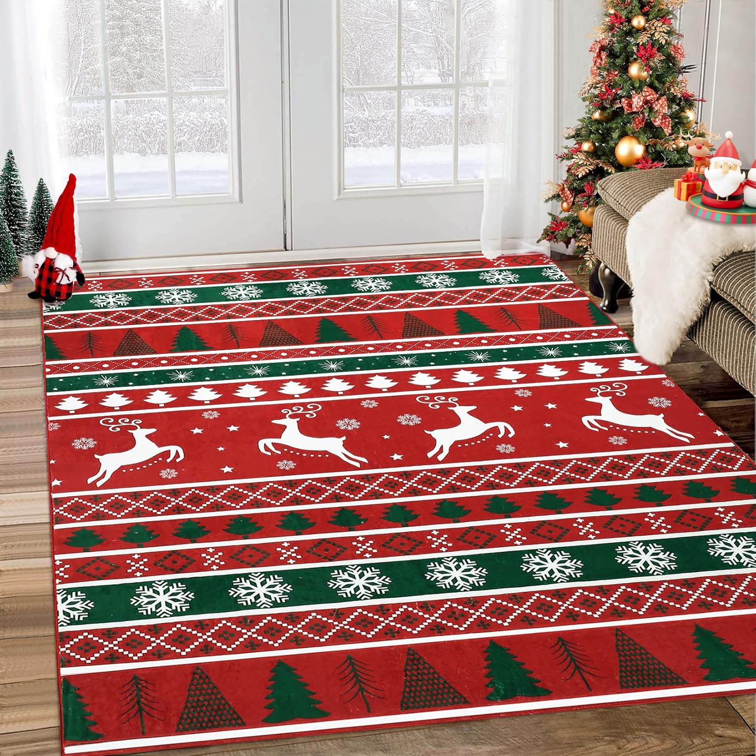 RUGSREAL Alfombra de área de Navidad de 4 x 6 pies, con árbol de Navidad y copo de nieve, bonita alfombra antideslizante con ciervos para dormitorio, lavable a máquina, para sala de estar, dormitorio,