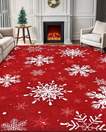 FRAMICS Alfombra de Navidad de 5 x 7 pies, alfombra de Navidad con copos de nieve rojos para sala de estar, alfombras de dormitorio, antideslizantes, suaves de pelo bajo, alfombra de piso para cocina,