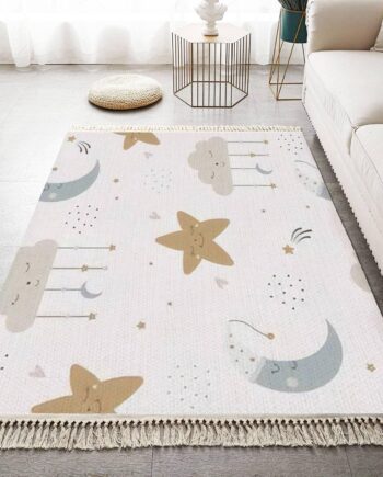 Alfombra bohemia para dormitorio de niños, sala de juegos, guardería, bonita alfombra celestial sin costuras de dibujos animados bebé estampado una luna durmiente estrella nube borlas, alfombra para