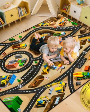 Alfombra de construcción para niños, alfombra de actividades de 5 x 7 pies, lana copetuda y goma, antideslizante, resistente a las manchas y a la decoloración, lavable a máquina, patrón