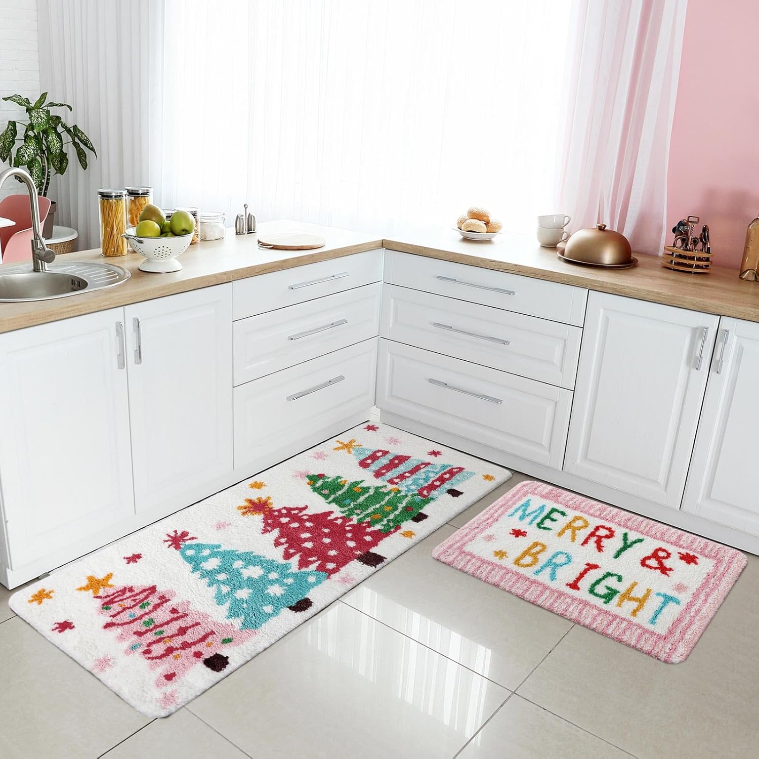 Juego de 2 alfombras de baño de Navidad de felpa suave rosa para árbol de Navidad, parte trasera antideslizante, lavable, absorbente para baño, alfombra decorativa de Navidad, invierno