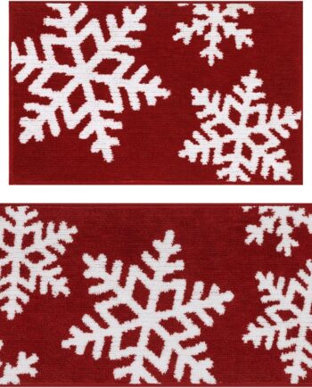 SHACOS 2 tapetes de baño de copos de nieve navideños, 20 x 32 pulgadas y 20 x 47 pulgadas, antideslizantes, peludos, extrasuaves, absorbentes, esponjosos, lavables a máquina, alfombras de baño para