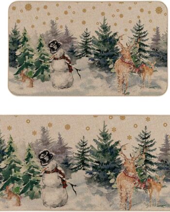 Juego de 2 alfombras decorativas de cocina, muñeco de nieve, reno con bufanda, decoración del hogar, decoración del hogar, tapetes de cocina de bajo perfil para piso, 17 x 29 y 17 x 47