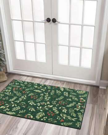RoomTalks Alfombras vintage florales de Navidad para entrada, tapete de pelo bajo lavable, color verde oscuro, ramas de Navidad, bayas, vacaciones, 2 x 3 pulgadas, para baño, cocina