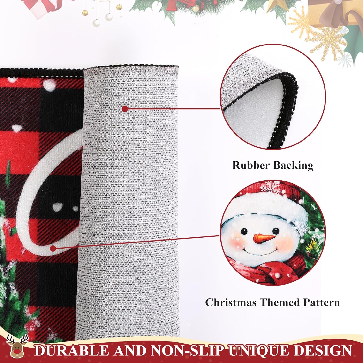 SHACOS Felpudo de Navidad lavable, antideslizante, rojo y negro, a cuadros, nieve y muñeco de nieve, 32 x 48 pulgadas