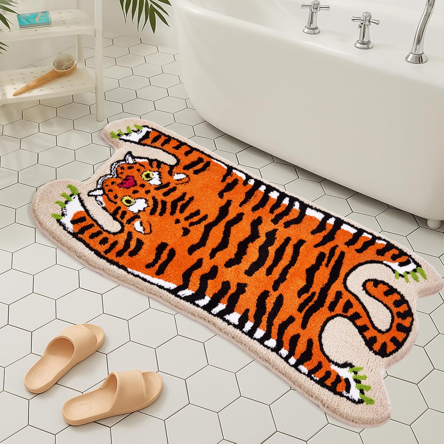 Alfombra de baño con diseño de tigre, 24 x 47 pulgadas, antideslizante, lavable, absorbente, con dibujos animados, para dormitorio, ducha, cocina, puerta, decoración