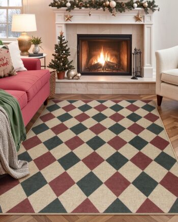 Lahome Alfombra de Navidad para exteriores, lavable de 5 x 7 pies, para sala de estar, oficina, tablero de ajedrez, verde y rojo, antideslizante, no desprende pelo, para debajo de la mesa