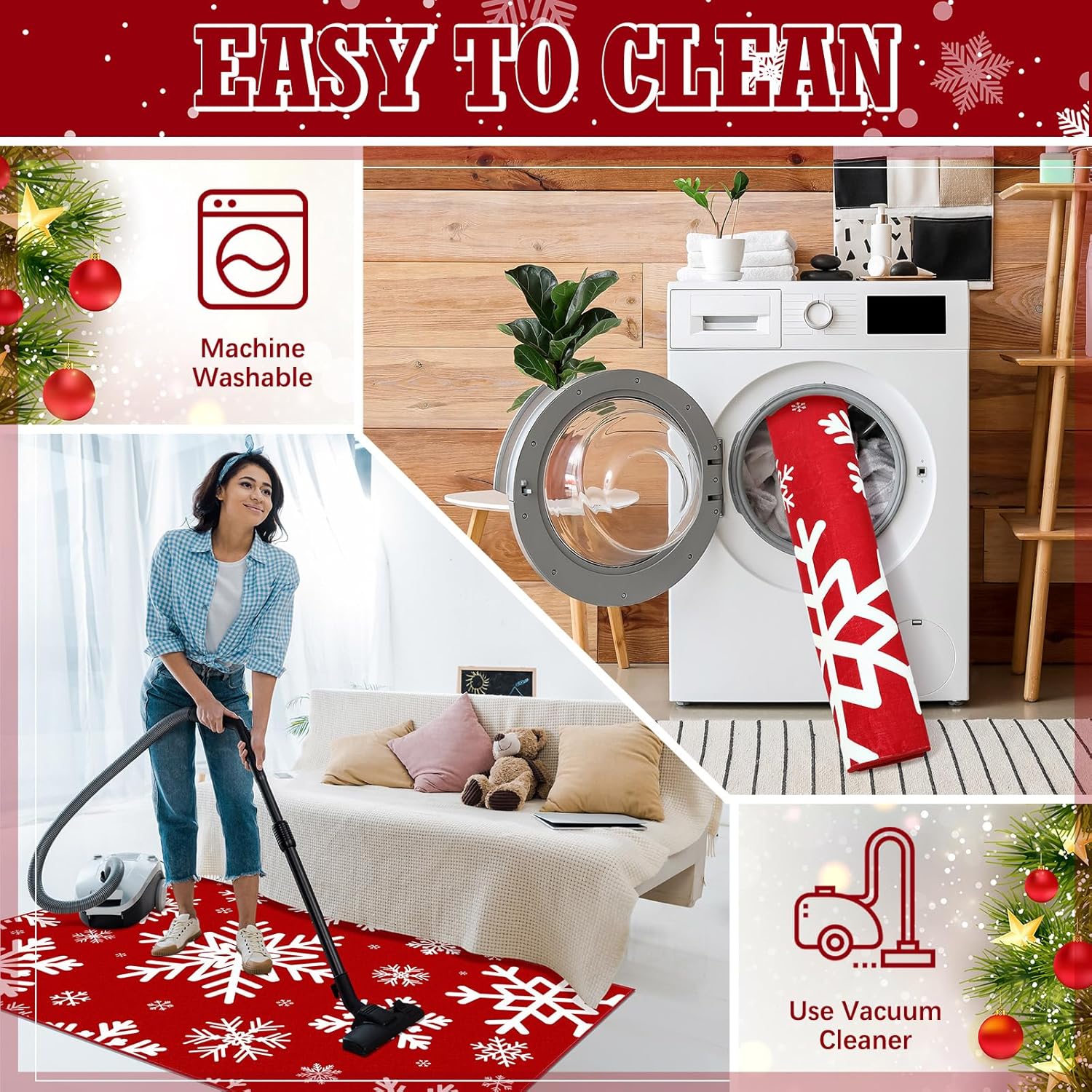 Alfombra de Navidad con diseño de copos de nieve, lavable, antideslizante, color rojo y blanco, tapete para puerta de invierno, decoración de vacaciones, para sala de estar, dormitorio,