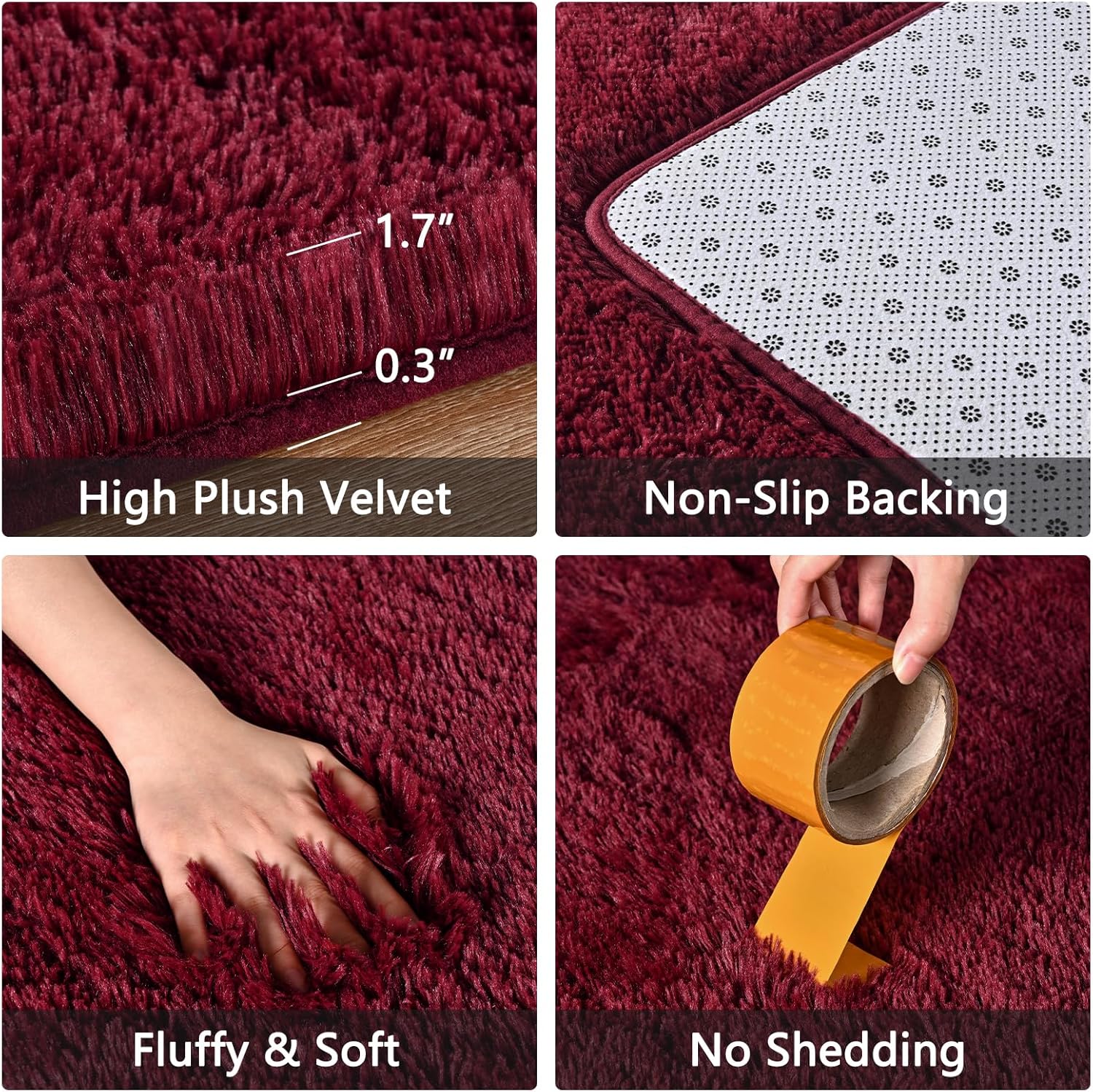 Alfombras peludas de color rojo burdeos para dormitorio, 4 x 6 pies, alfombra de área de color rojo oscuro para sala de estar, alfombra de suelo suave y lanuda para dormitorio de niños y niñas,