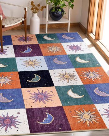 Alfombra bohemia lavable con sol y luna, ultra fina, vintage, místico, celestial, de tablero de ajedrez, de 5 x 7 pies, para sala de estar, entrada, cocina, dormitorio, estética hippie retro, bonita
