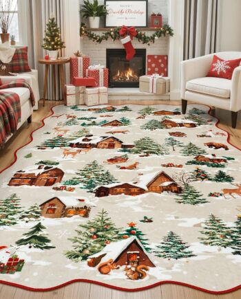 LIVEBOX Alfombra de Navidad lavable de 5 x 7 pies, alfombra beige para sala de estar, alfombras de árbol de Navidad para dormitorio, alfombra festoneada antideslizante bohemia para comedor, alfombra