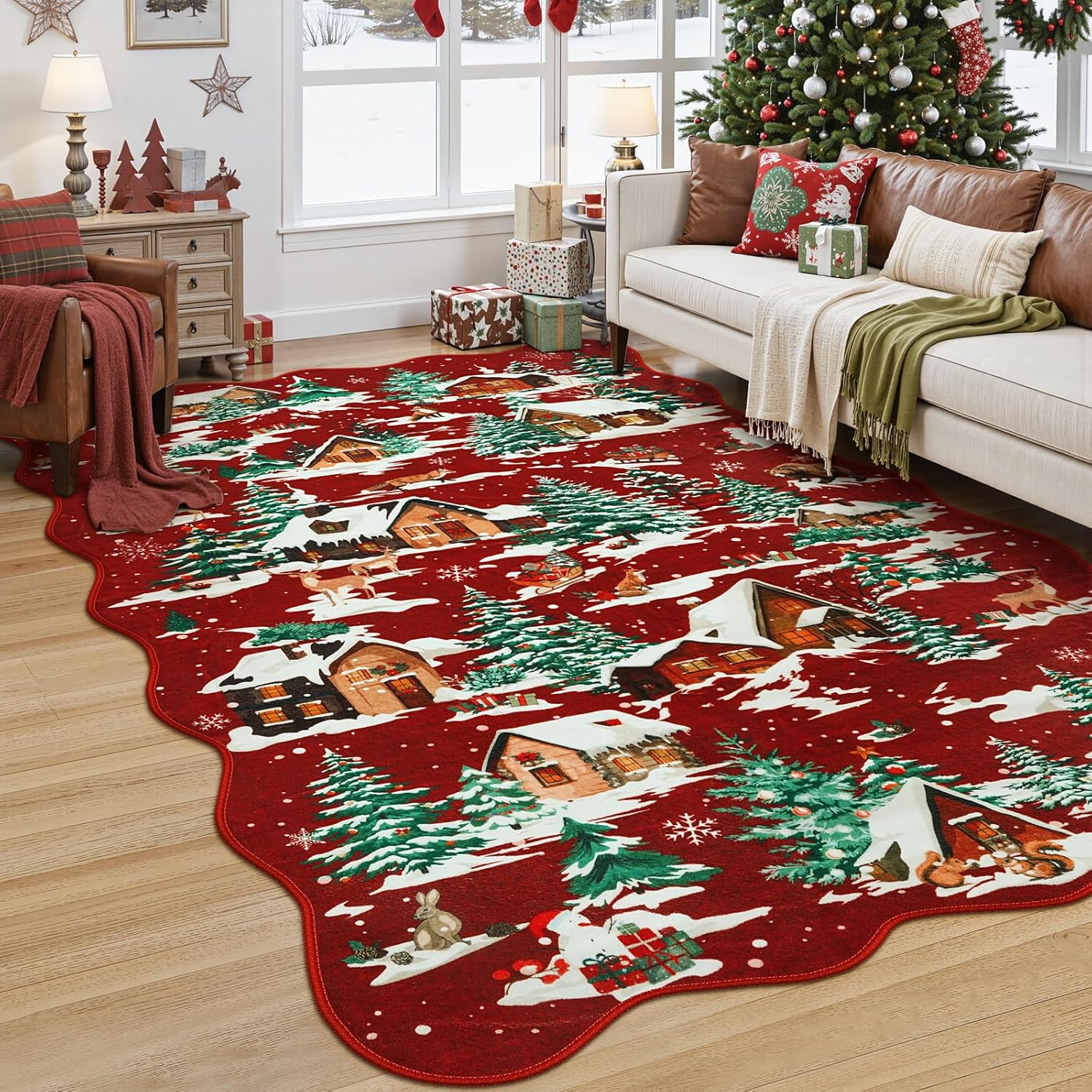 LIVEBOX Alfombra de Navidad lavable de 5 x 7 pies, alfombra roja para sala de estar, alfombras de árbol de Navidad para dormitorio, alfombra festoneada antideslizante bohemia para comedor, alfombra de