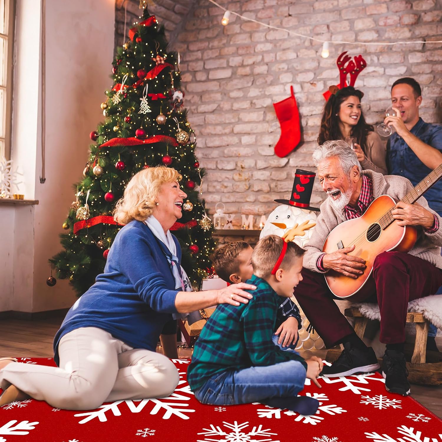Alfombra de Navidad con diseño de copos de nieve, lavable, antideslizante, color rojo y blanco, tapete para puerta de invierno, decoración de vacaciones, para sala de estar, dormitorio,