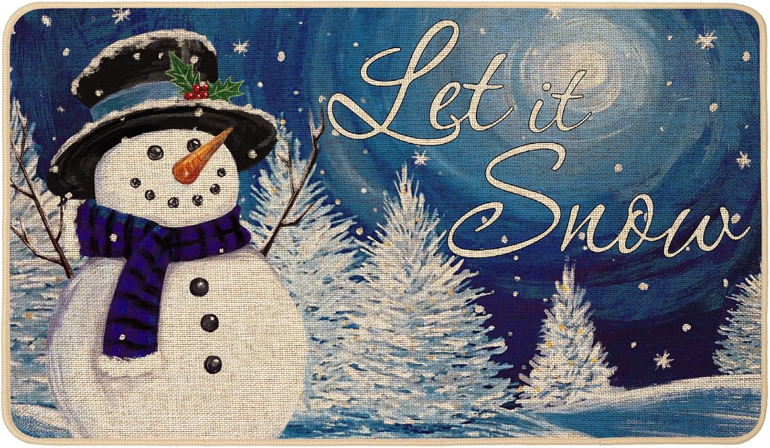 Baccessor Tapete de invierno con diseño de muñeco de nieve Let It Snow, tapete de bienvenida con copos de nieve, cielo estrellado, decorativo para interiores y exteriores, tapete de entrada con parte