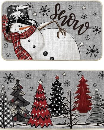 Artoid Mode Juego de 2 tapetes de cocina de árbol de Navidad con muñeco de nieve gris, diseño de copo de nieve, decoración del hogar, alfombras de cocina de bajo perfil para piso, 17 x 29 y 17 x 47
