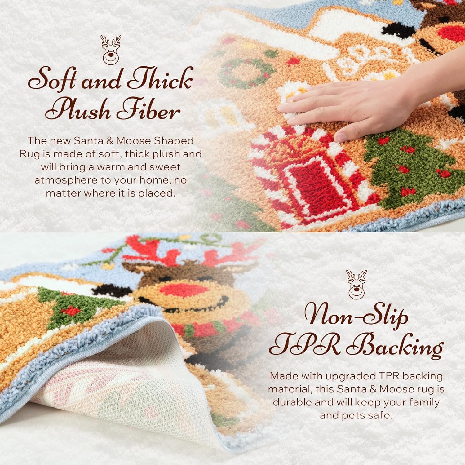 Phantoscope Alfombra de área de Feliz Navidad, alfombra suave de casa de jengibre con Papá Noel y renos, alfombra de baño decorativa de Navidad con respaldo antideslizante de TPR para sala de estar