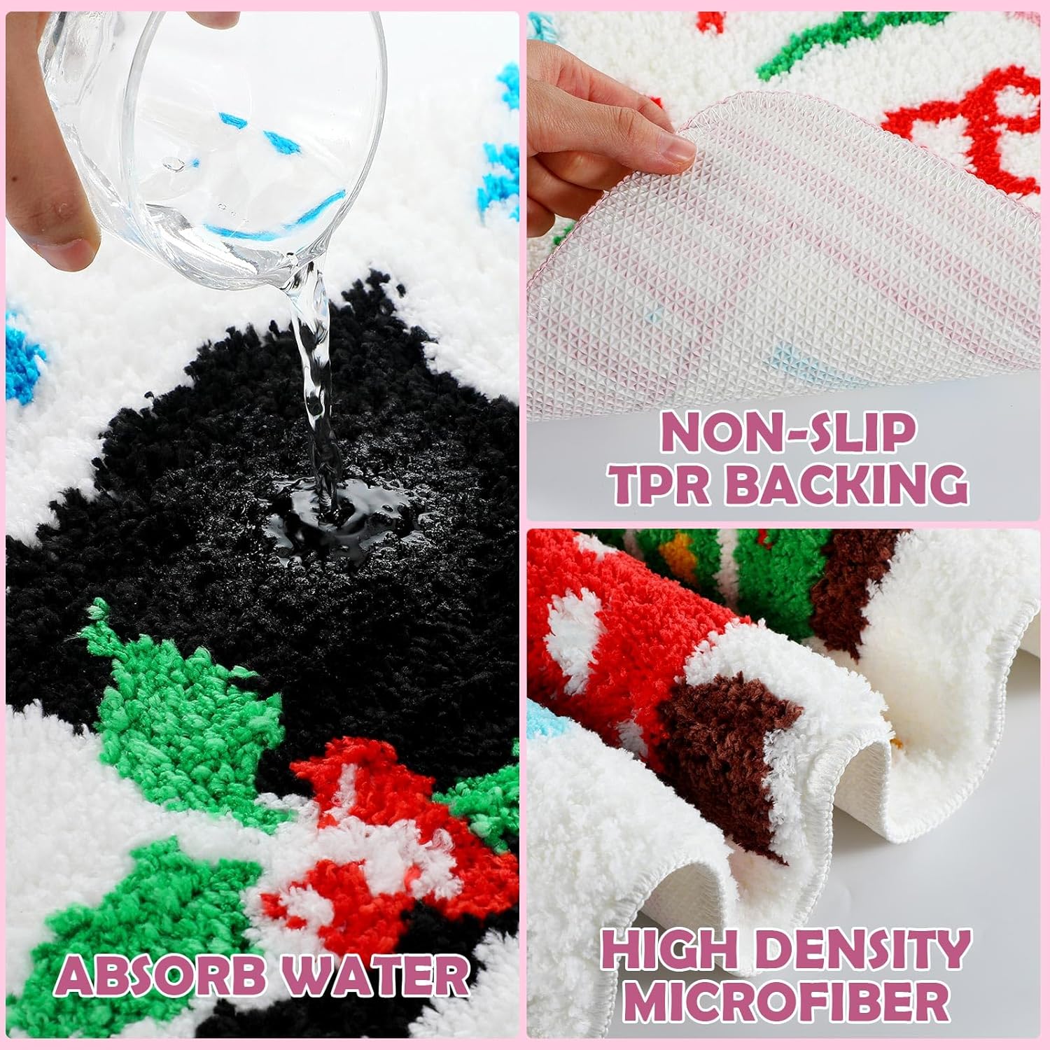 Juego de 2 alfombras de baño de Navidad de felpa suave rosa para árbol de Navidad, parte trasera antideslizante, lavable, absorbente para baño, alfombra decorativa de Navidad, invierno