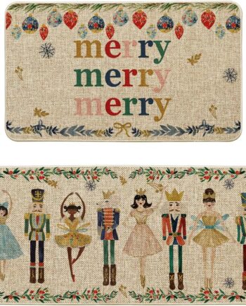 Artoid Mode Juego de 2 tapetes decorativos de cocina con diseño de cascanueces de acuarela con texto en inglés "Merry Christmas", alfombras de cocina de bajo perfil, 17 x 29 y 17 x 47 pulgadas