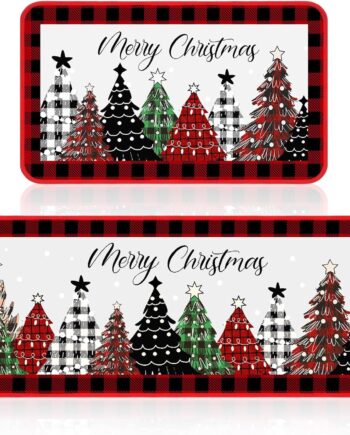 Ceenna Juego de 2 tapetes de cocina de Navidad con texto en inglés "Merry Christmas", decoración de Navidad, antideslizantes, para vacaciones, decoración de cocina navideña, a cuadros, para el hogar,