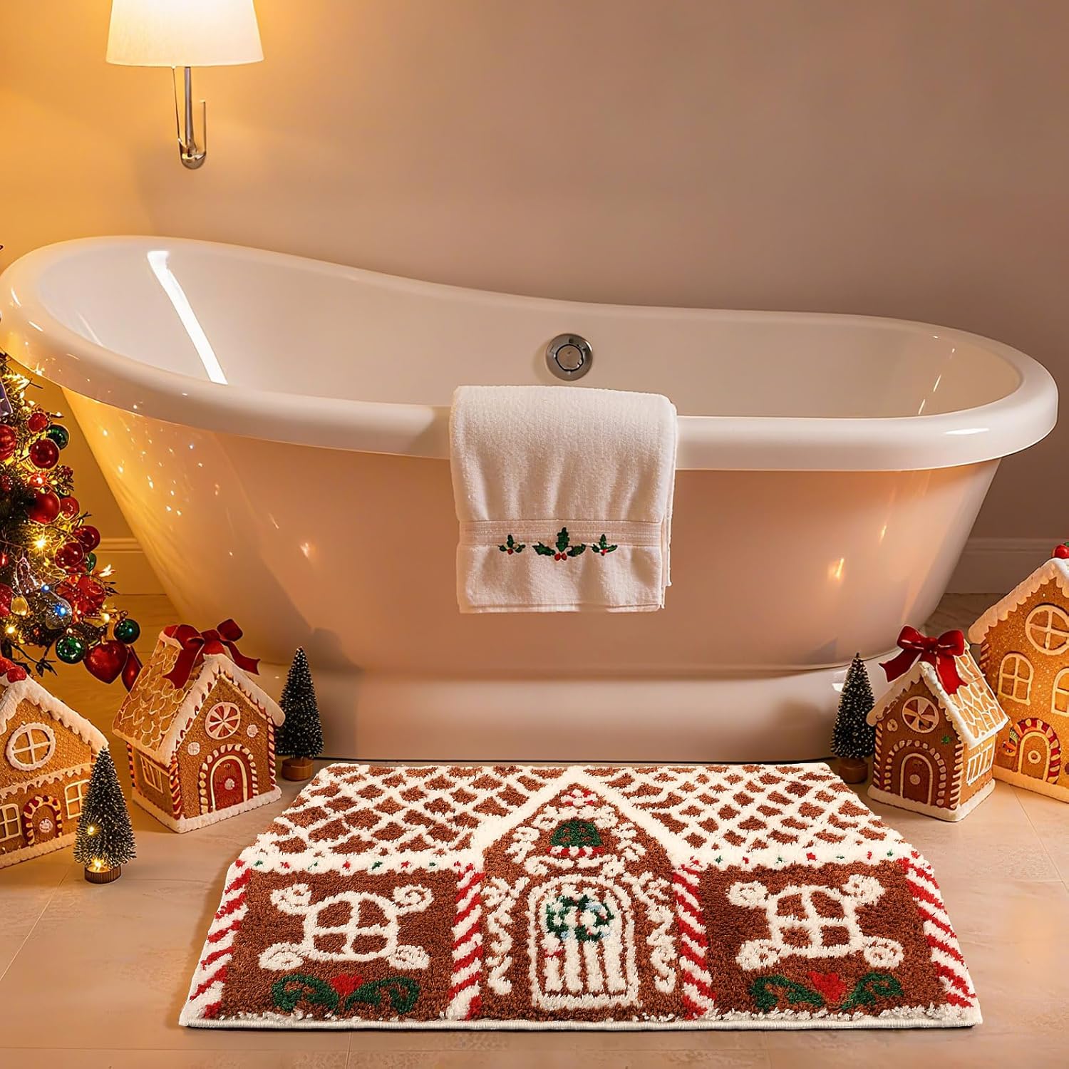 Breling Tapete de Navidad con diseño de pan de jengibre, tapete de baño antideslizante para Navidad, suave, absorbente, para puerta delantera, sala de estar, 28.35 x 16.54 pulgadas