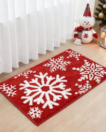Alfombra de baño de Navidad para invierno, diseño de copos de nieve rojos, extra suave, absorbente, lavable, antideslizante, bonita alfombra de Navidad para vacaciones, 20 x 32 pulgadas