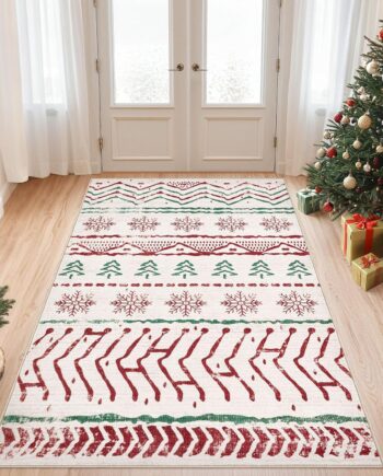 Nakagishi- Tapete de área de Navidad de 3x5 pies: boho, neutro, moderno, suave, antimanchas, antideslizante, lavable; p/entrada, cocina, sala estar, dormitorio, cuarto bebé, sala de juegos (verde/rojo