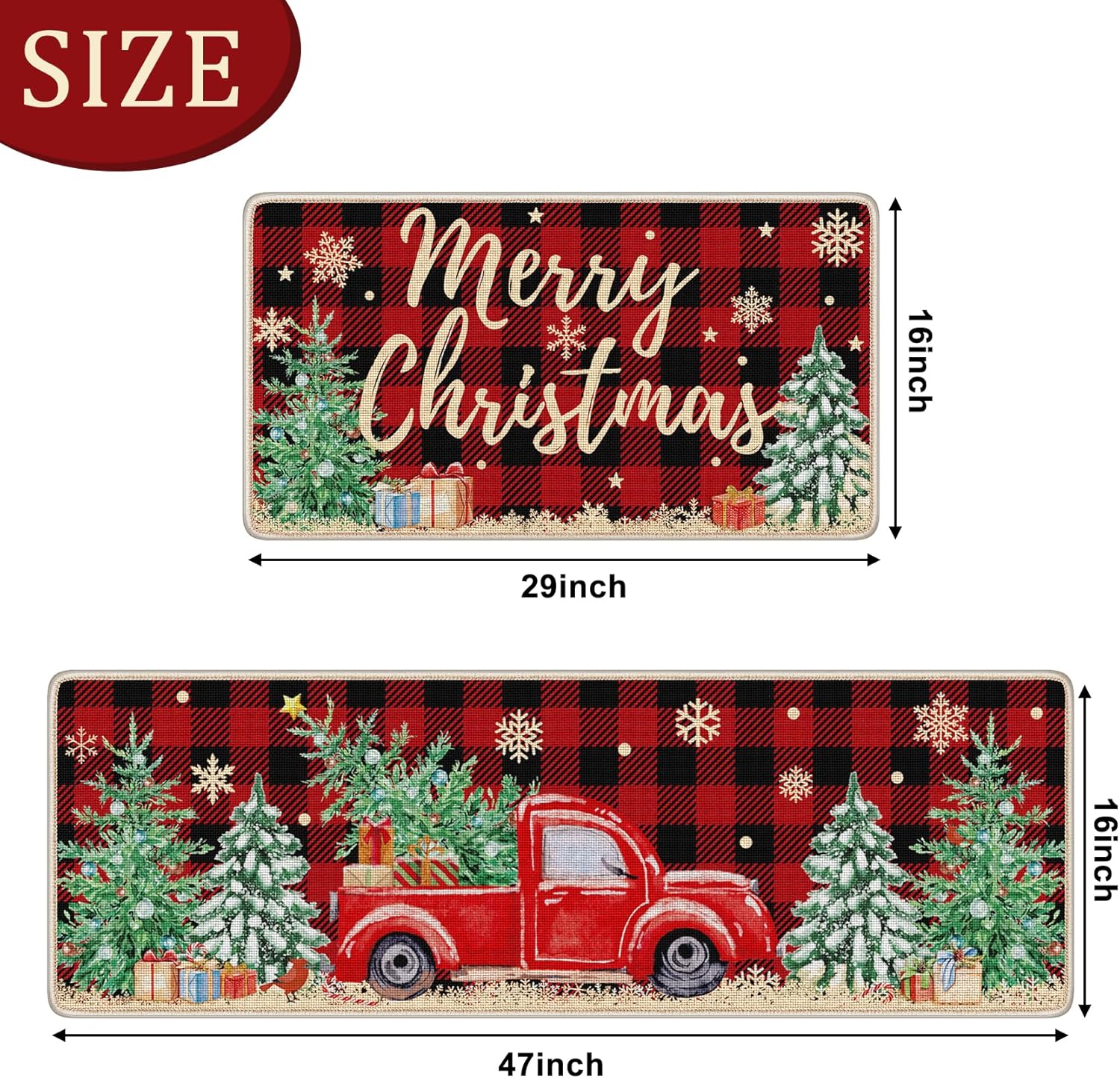 Unves Juego de 2 alfombras de cocina de Navidad, tapete de cocina de búfalo a cuadros, tapete de baño, alfombra de baño de camión rojo de granja, alfombra de feliz Navidad, decoración para suelo