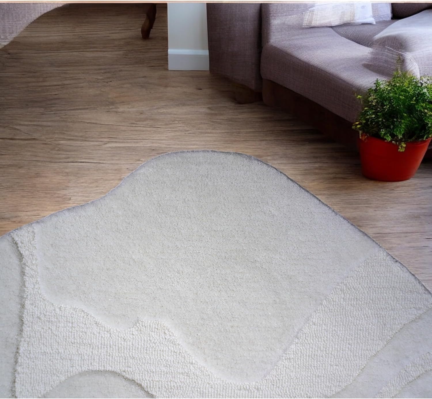 Alfombra de lana de tejido natural con forma irregular copetuda a mano, alfombra 100% lana para dormitorio, sala de estar y decoración del hogar, alfombra artística moderna (blanco crema, 4 x 6 pies)