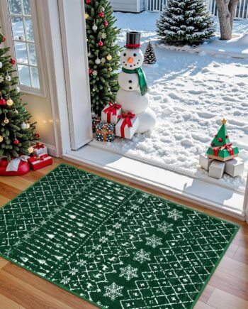 Lahome Tapete navideño de estilo marroquí, de 2x3 pies, verde, antideslizante, para entrada, cocina, junto a cama, dormitorio o baño, de interior, lavable, suave, pequeño, copos de nieve, llamativo