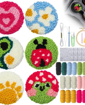 Kit de posavasos con 6 patrones de punzón, kit de agujas de punzonado para adultos, principiantes, posavasos copetudos, alfombra de bricolaje con hilos de fieltro adhesivos, herramientas de aro para