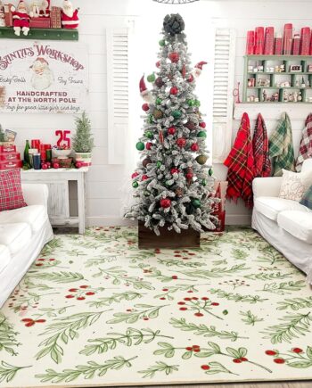 Lindas alfombras de Navidad lavables de 4 x 6 pies, fina y suave árbol de Navidad, ramas de acebo, alfombra festiva de invierno, moderna alfombra floral de bosque de Navidad para cocina, dormitorio,