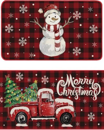 Shellwei Juego de 2 alfombras de cocina de Navidad a cuadros de búfalo, muñeco de nieve, copo de nieve, rojo, alfombra de cocina, tapete de cocina de Navidad antideslizante para el hogar, Navidad,