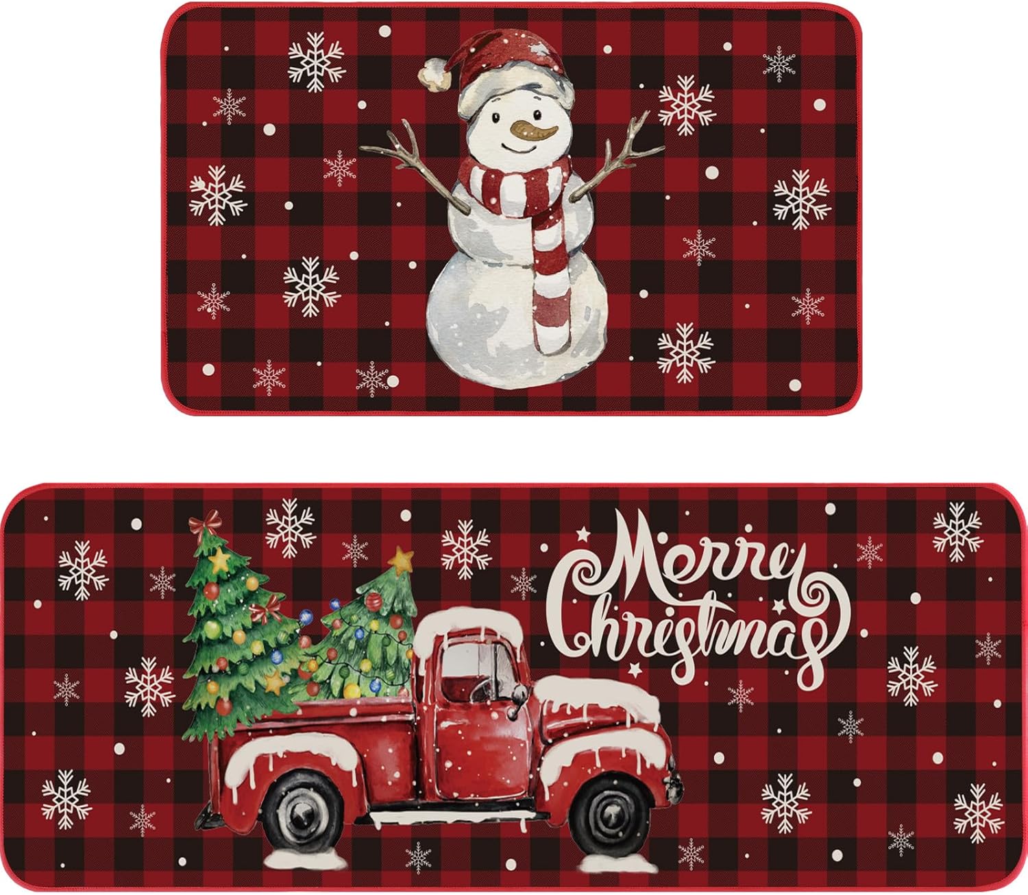 Shellwei Juego de 2 alfombras de cocina de Navidad a cuadros de búfalo, muñeco de nieve, copo de nieve, rojo, alfombra de cocina, tapete de cocina de Navidad antideslizante para el hogar, Navidad,
