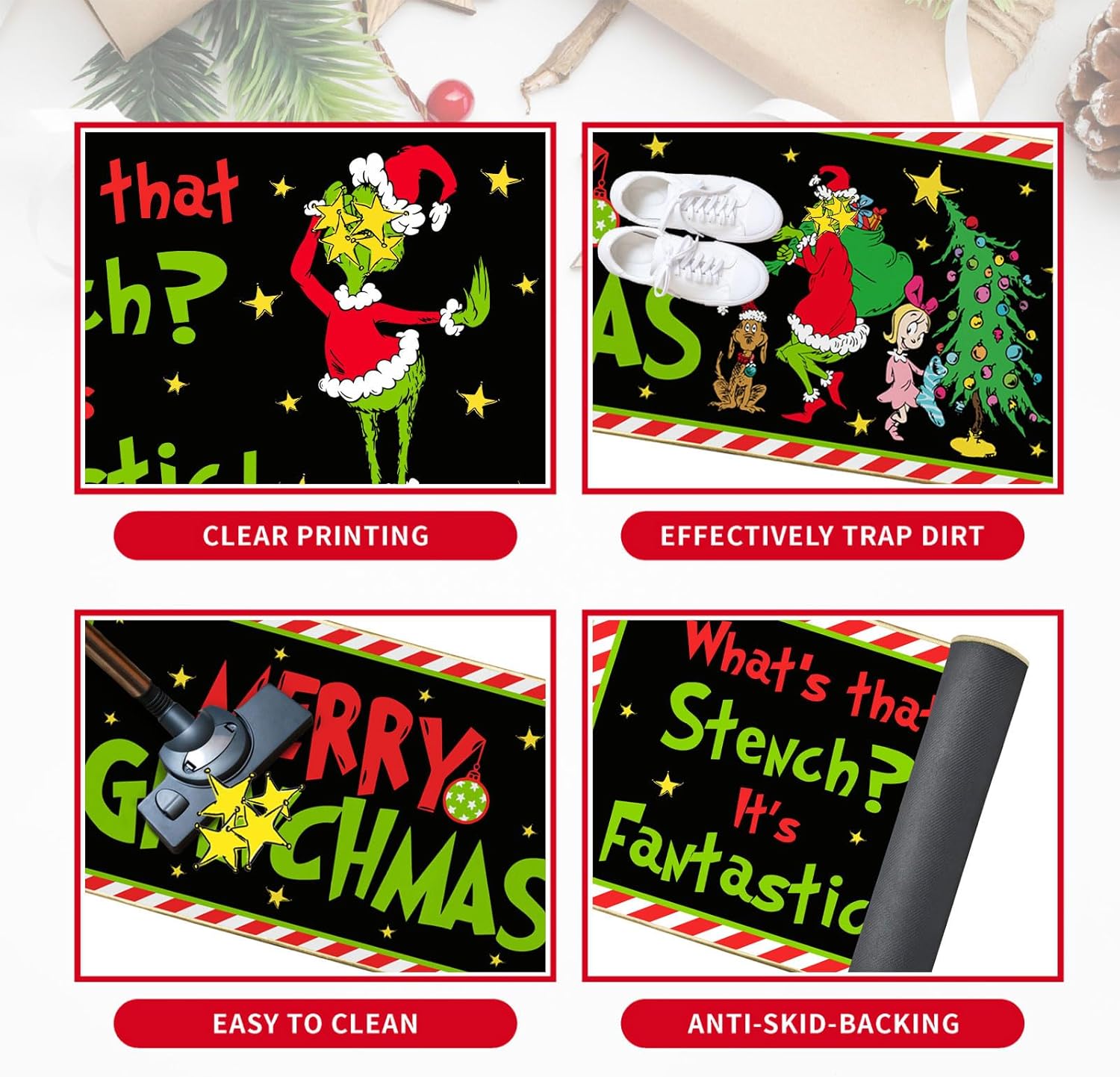 Decoraciones de cocina navideñas, divertidas alfombrillas de cocina navideñas, juego de 2 alfombras de cocina navideñas para piso, alfombras de área apestosas y apestosas, novedosos tapetes de Navidad