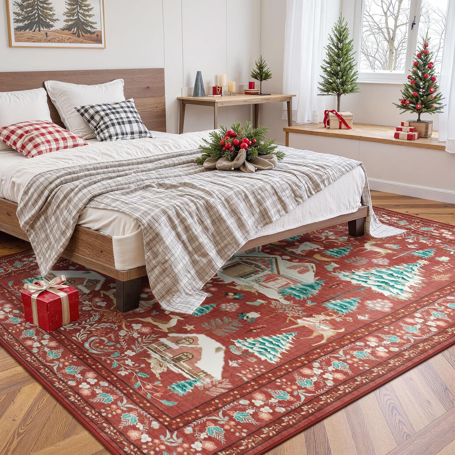 LIVEBOX Alfombra de área de Navidad de 8 x 10 pies, suave, lavable para sala de estar, alfombra roja bohemia de área grande para dormitorio con parte trasera antideslizante, alfombra de interior