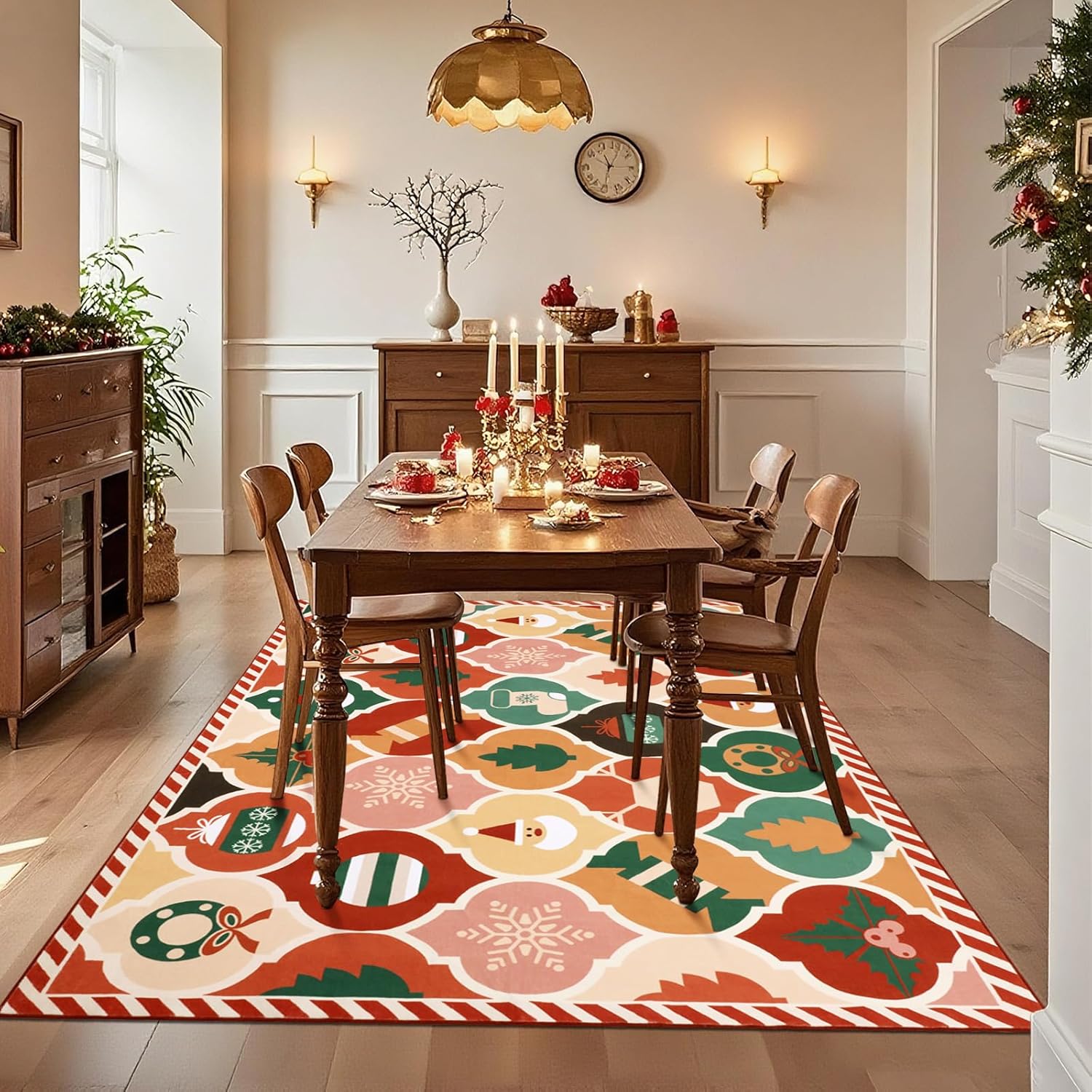 nesrt Alfombras de área de Navidad de 5 x 7 pies, lavables, coloridas alfombras de Navidad con enrejado marroquí para sala de estar, dormitorio, alfombra de pelo bajo que no se desprende, alfombra suave para guardería, comedor, cocina, sala de juegos, decoración de vacaciones