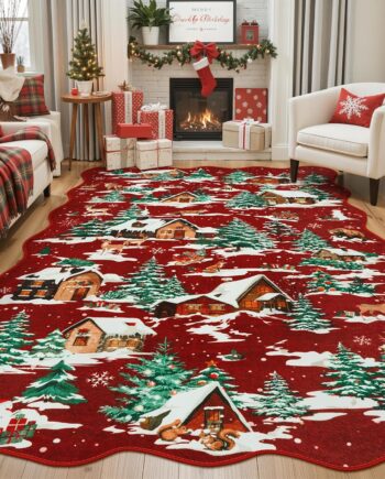 LIVEBOX Alfombra de Navidad lavable de 5 x 7 pies, alfombra roja para sala de estar, alfombras de árbol de Navidad para dormitorio, alfombra festoneada antideslizante bohemia para comedor, alfombra de