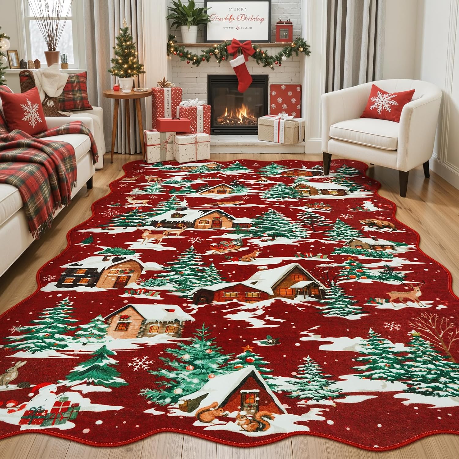 LIVEBOX Alfombra de Navidad lavable de 5 x 7 pies, alfombra roja para sala de estar, alfombras de árbol de Navidad para dormitorio, alfombra festoneada antideslizante bohemia para comedor, alfombra de