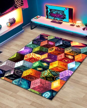Alfombra de juego con bloques de cubos, alfombra para niños adolescentes con elementos de decoración de elementos mágicos, alfombra de juego de píxeles para dormitorio de niños, tapete de sala de