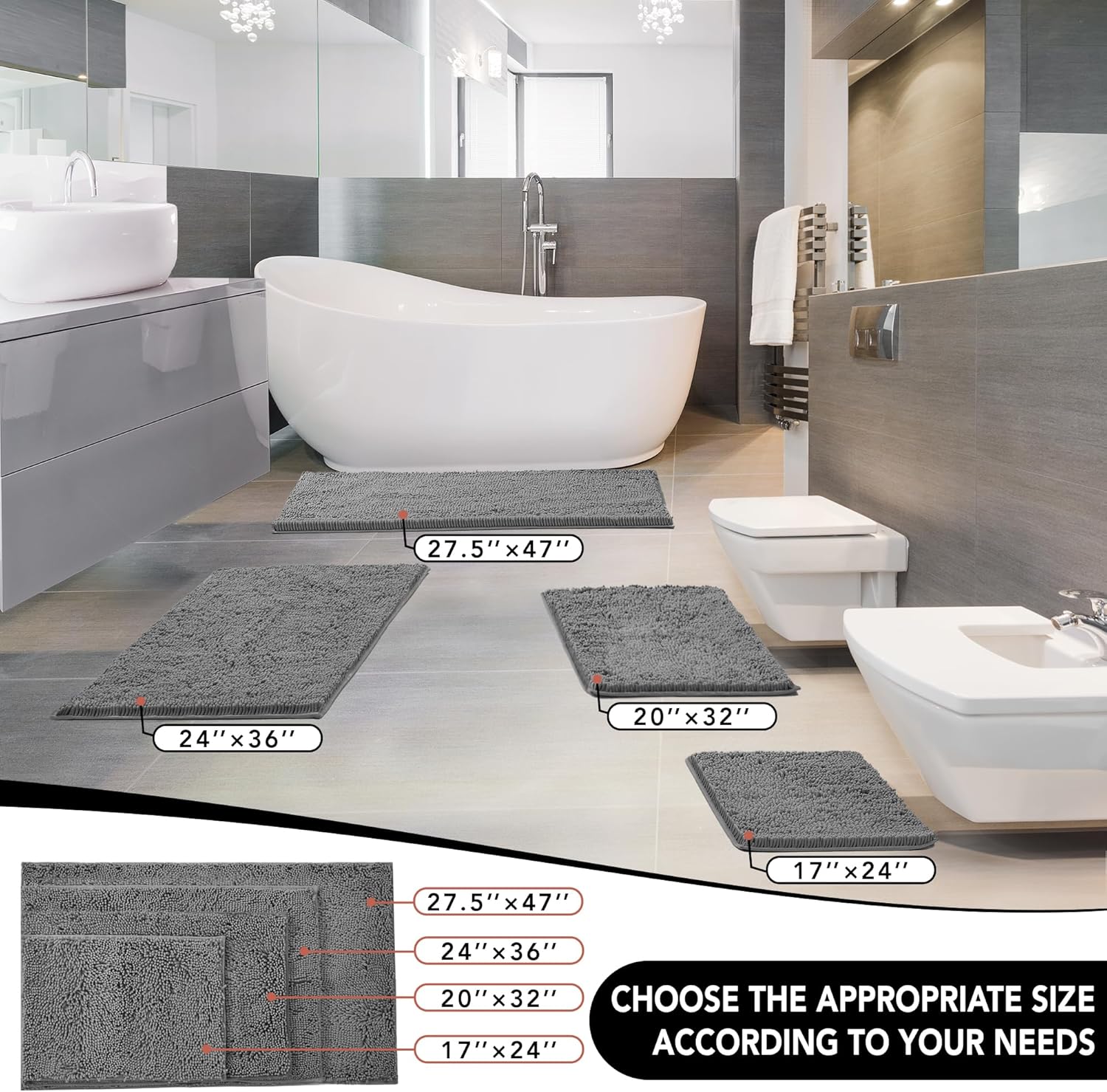 Deconovo Alfombra de baño de 24 x 17 pulgadas antideslizante, ultra absorbente, lavable a máquina, alfombra de microfibra para suelo de baño, hotel y uso doméstico, certificado Oeko-TEX, de secado