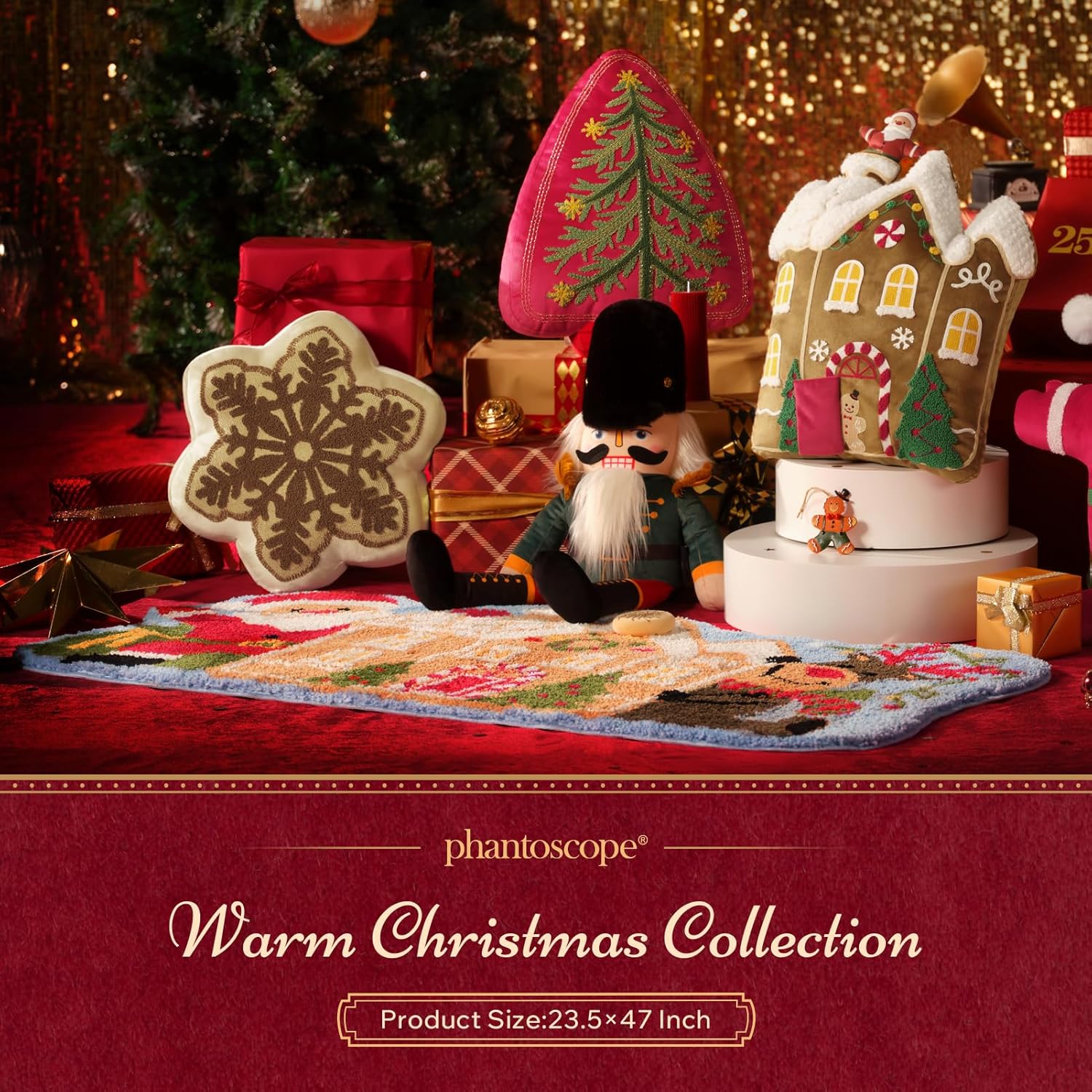 Phantoscope Alfombra de área de Feliz Navidad, alfombra suave de casa de jengibre con Papá Noel y renos, alfombra de baño decorativa de Navidad con respaldo antideslizante de TPR para sala de estar