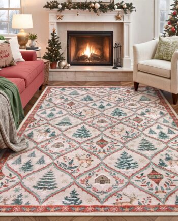 Lahome Alfombras de Navidad para sala de estar, 5 x 7 pies, con estampado de renos para dormitorio, alfombra estética grande lavable, suave árbol de Navidad, antideslizante, resistente a las manchas
