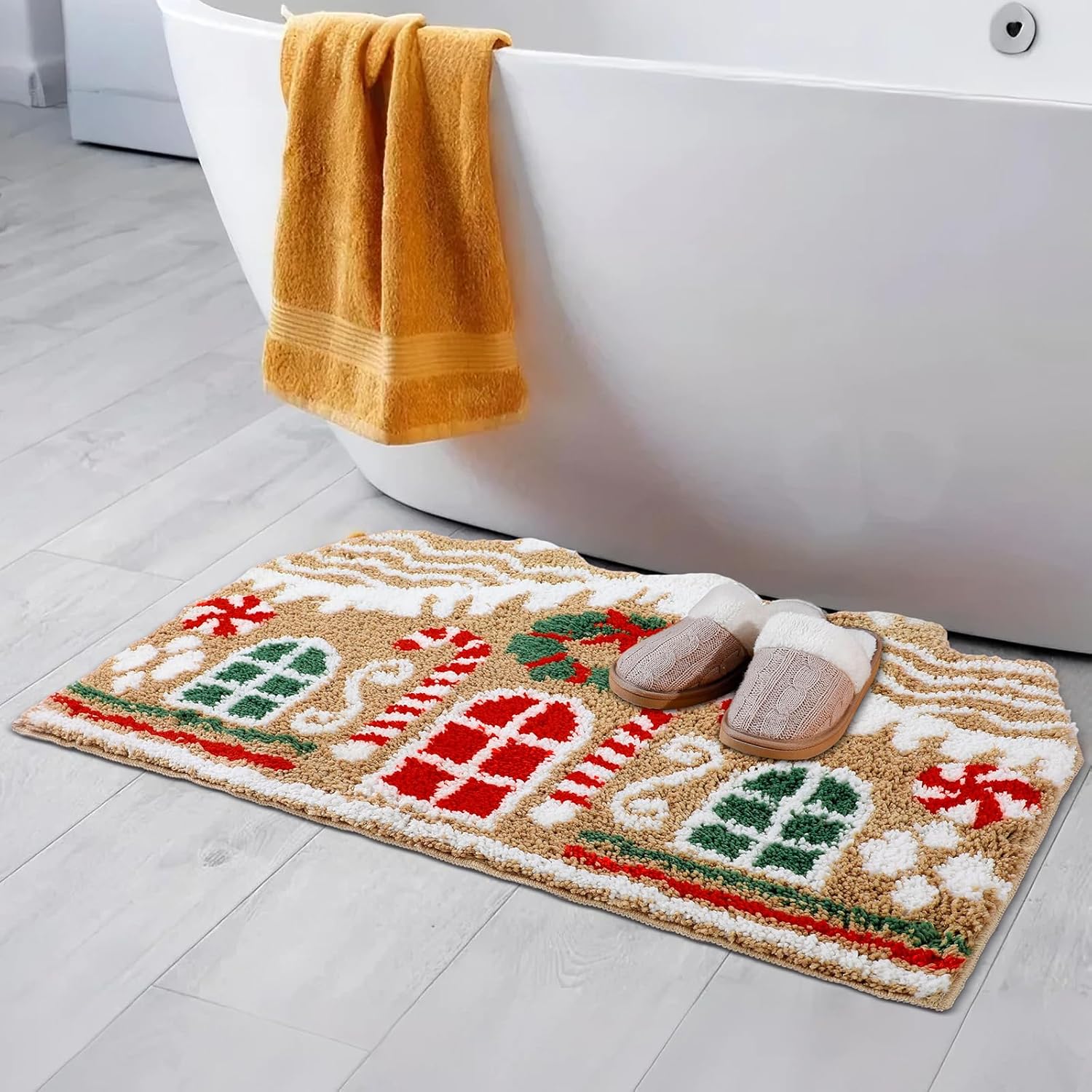 Tapete de baño de casa de jengibre, tapete de Navidad, antideslizante, bonito diseño de pan de jengibre, decoración de baño de microfibra de felpa, decoración navideña para el hogar