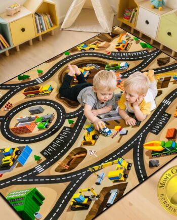 Kids 4x6 Ft Construction Site Car Rug - Extra Thick (0.4in),Tufted Wool & Rubber, Non-Slip, Stain & Fade Resistant, Machine Washable, Rustic Cartoon Construction Site Pattern