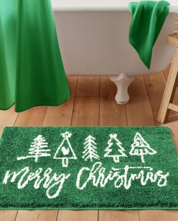Tapete de interior con diseño de Feliz Navidad, lavable, bonito color verde, moderno, tapete de baño antideslizante para árbol de Navidad, festivo, invierno, 2 x 3 pulgadas, para cocina, entrada