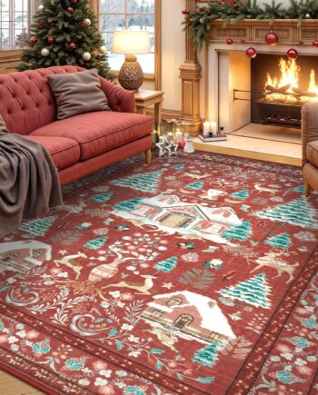 LIVEBOX Alfombra de área de Navidad de 8 x 10 pies, suave, lavable para sala de estar, alfombra roja bohemia de área grande para dormitorio con parte trasera antideslizante, alfombra de interior