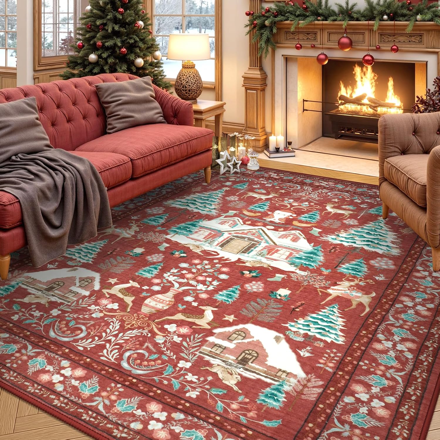 LIVEBOX Alfombra de área de Navidad de 8 x 10 pies, suave, lavable para sala de estar, alfombra roja bohemia de área grande para dormitorio con parte trasera antideslizante, alfombra de interior